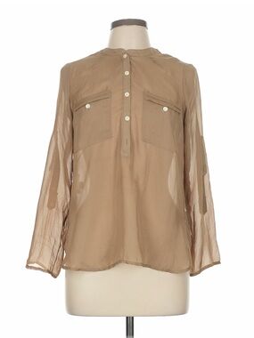 LOFT Sheer Long-Sleeve Button Pullover Blouse in Tan